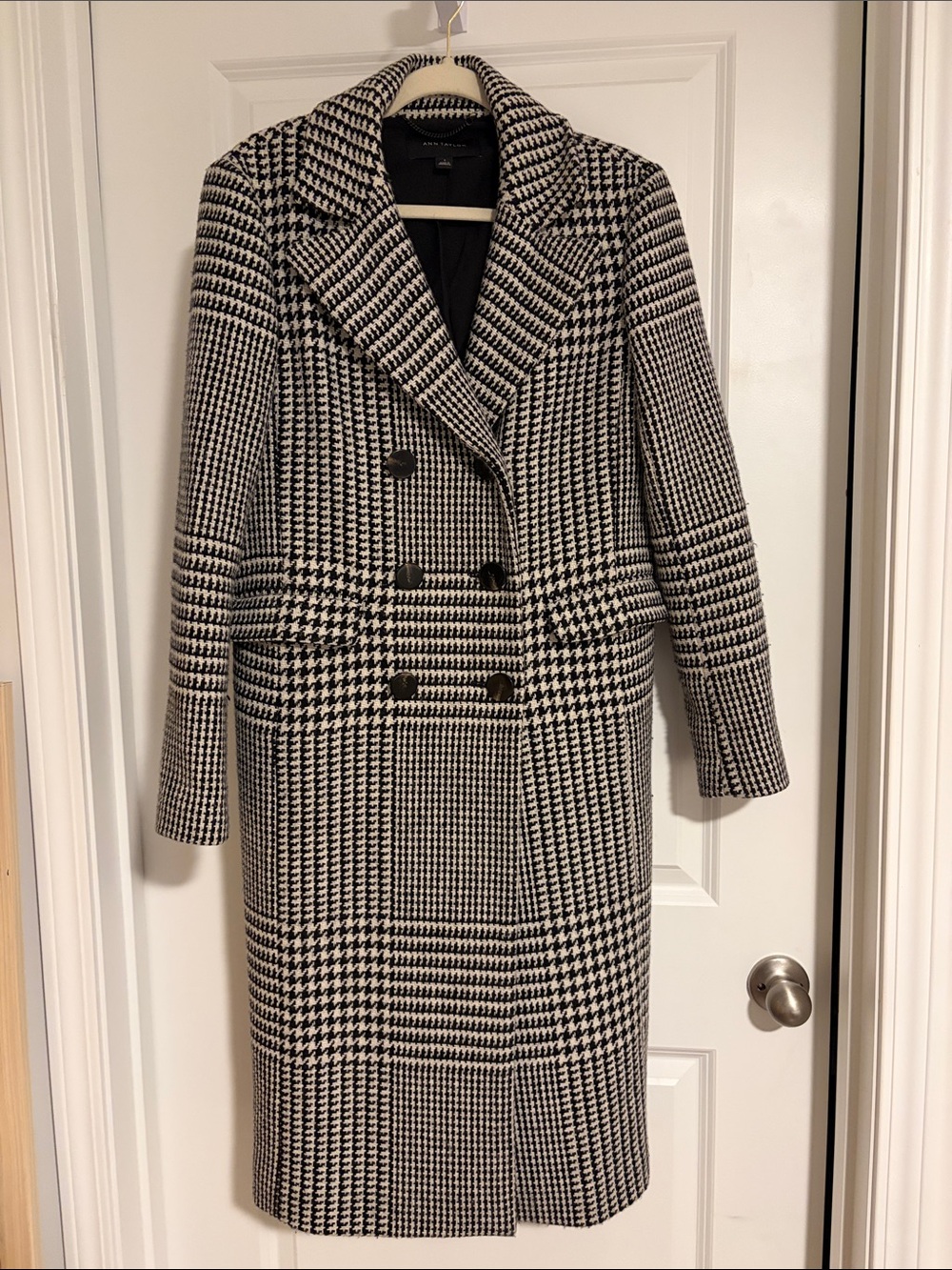 Ann Taylor Wool Blend Black & White Houndstooth Double-Breasted Pea Coat